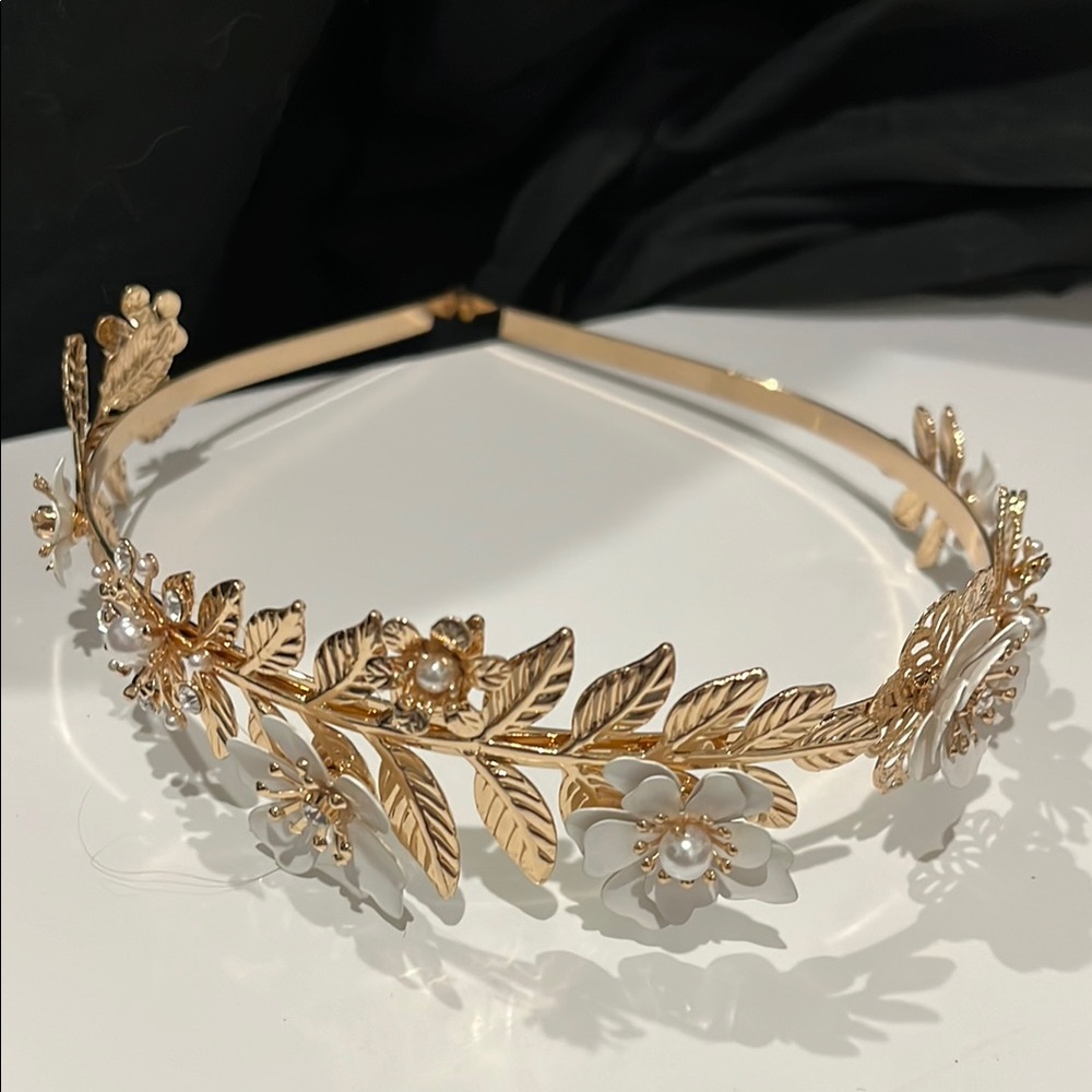 Gold Floral Headband with Pearls